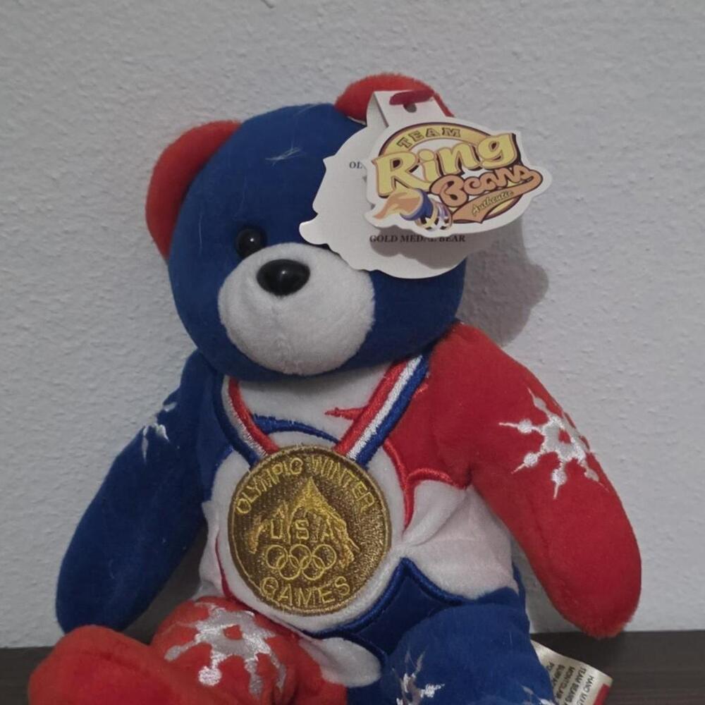 2002 Winter Olympics Team USA Gold Medalist Bear with red, white, and blue snowf